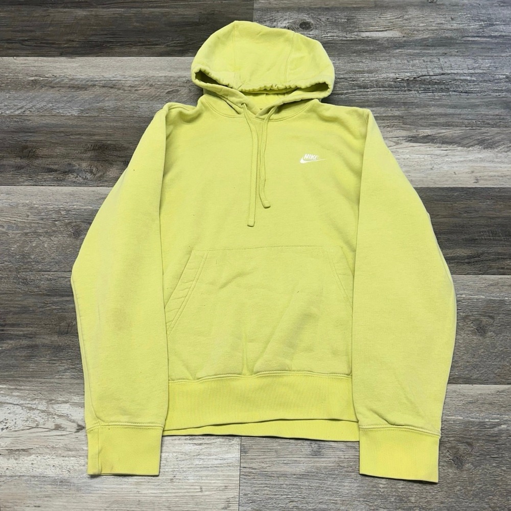 Nike Bright Lime Green Mens S Club Fleece Spellout Mini Swoosh Pullover Hoodie‎